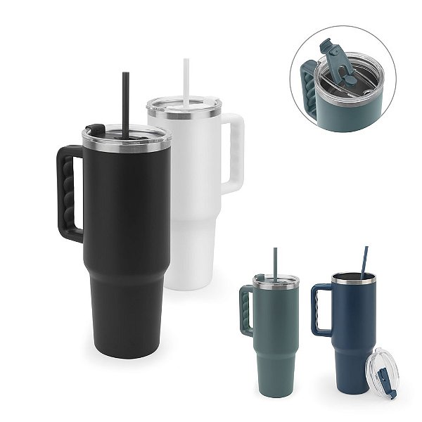 Copo de viagem personalizado de grande dimensão em aço inoxidável 91% reciclado com parede dupla isolada a vácuo e acabamento em mate 1300 mL - Diversas Cores Disponíveis!