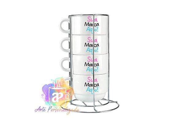 Kit Xícaras 200ml Com 4 Unidades Personalizadas e Suporte (Personalização Já Inclusa!)
