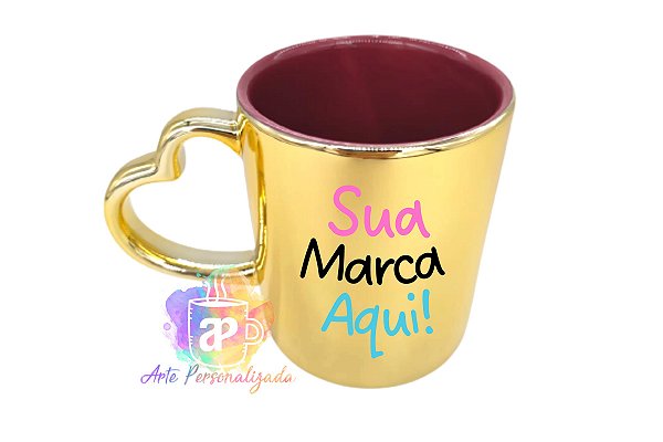 Caneca Cromada Personalizada Degradê Alça Coração Interior Colorido Porcelana 325ml (Diversas Cores!) Personalização Já Inclusa!