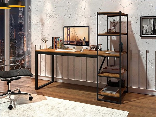 Mesa Escrivaninha Com Prateleiras Home Office Preto e Canela Rústico