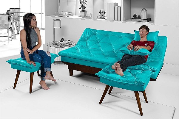 Sofá Cama Courino Azul Turquesa Caribe Reclinável + Duas Banquetas Rubi