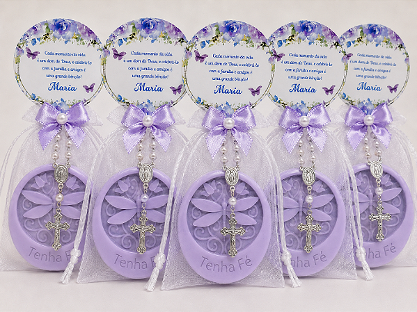 Lembrancinha de Aniversário 70 Anos: Sabonete Libélula com Mini Terço