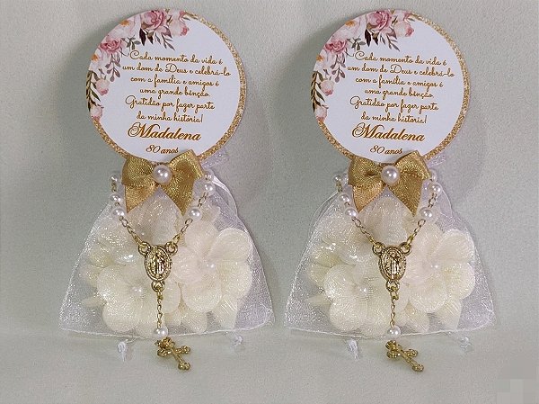 Lembrancinha de Aniversário 80 Anos: Sabonete Flor de Jasmim com Terço