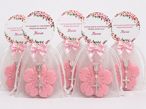 Lembrancinha de Aniversário: Sabonete Flor de Cerejeira com Terço