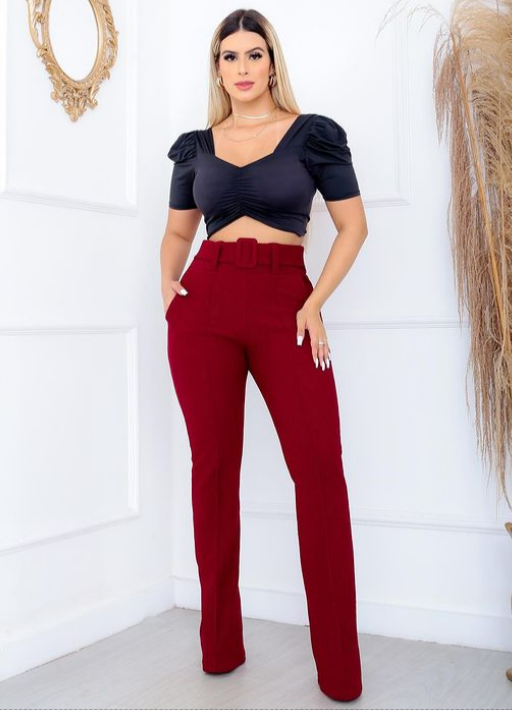 Calça Flare Malha Pop com Cinto Embutido - Bordô