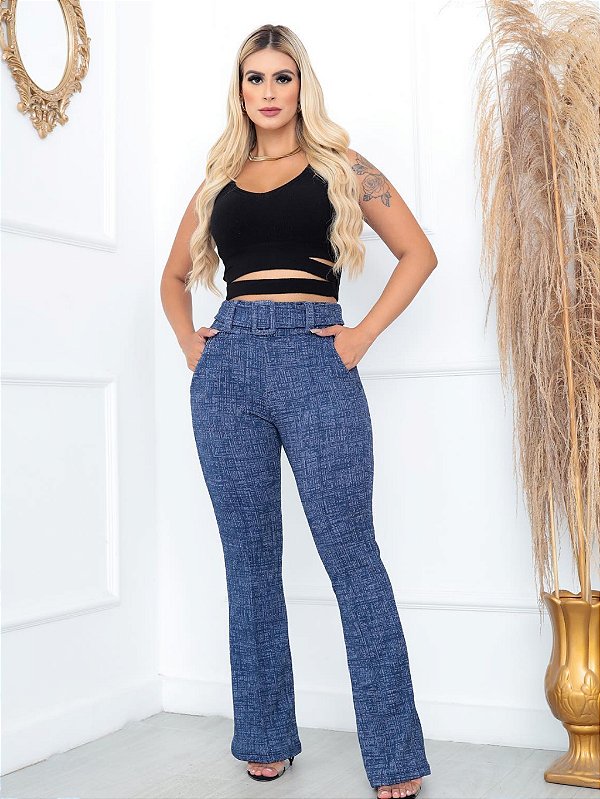 Linda Calça Flare Feminina com Cinto/Calça Social estilo alfaiataria com Elastano - Azul Mescla