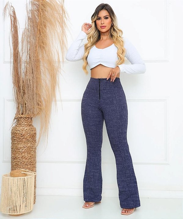 Calça Flare com Zíper e Bolsos Azul Mescla