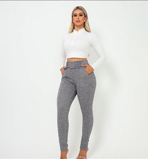 Calça Legging Social Skinny Cinza com Cinto