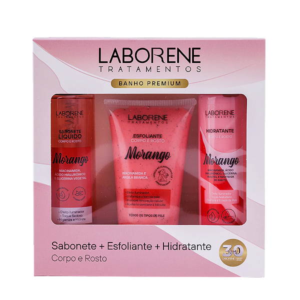 KIT BANHO PREMIUM SABONETE + ESFOLIANTE + HIDRATANTE - MORANGO / LABORENE