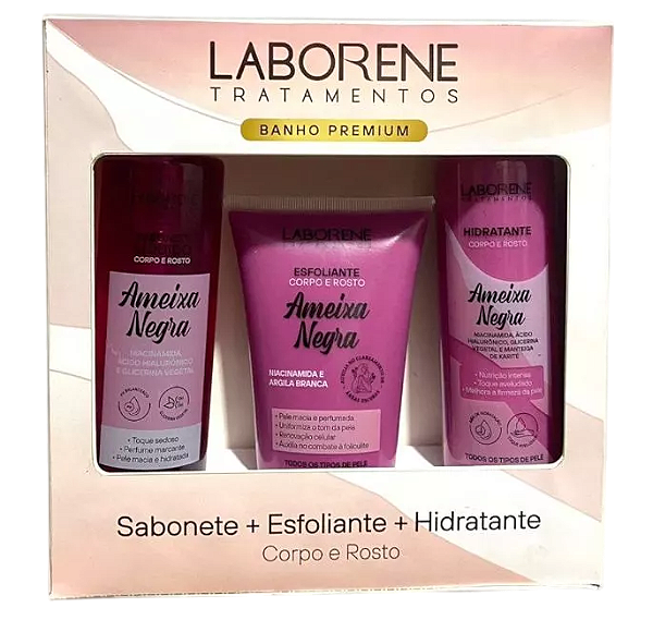 KIT BANHO PREMIUM SABONETE + ESFOLIANTE + HIDRATANTE - AMEIXA NEGRA / LABORENE