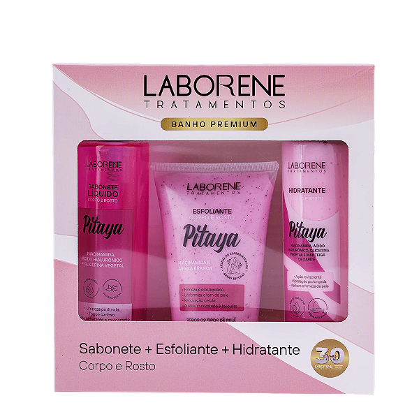 KIT BANHO PREMIUM SABONETE + ESFOLIANTE + HIDRATANTE - PITAYA / LABORENE