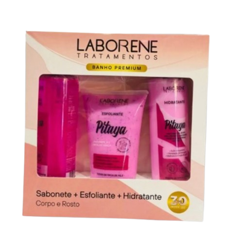 KIT BANHO PREMIUM SABONETE + ESFOLIANTE + HIDRATANTE - PITAYA / LABORENE