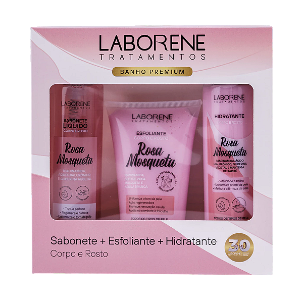 KIT BANHO PREMIUM SABONETE + ESFOLIANTE + HIDRATANTE - ROSA MOSQUETA / LABORENE