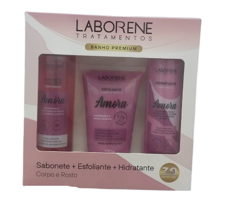 KIT BANHO PREMIUM SABONETE + ESFOLIANTE + HIDRATANTE - AMORA / LABORENE