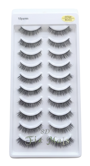 CARTELA DE CÍLIOS POSTIÇOS COM 10 PARES 8D03 / RUBY ANJO