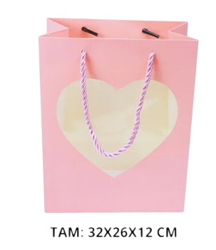 SACOLA DE PAPEL PARA PRESENTE COM CORÇÃO 32X26X12CM