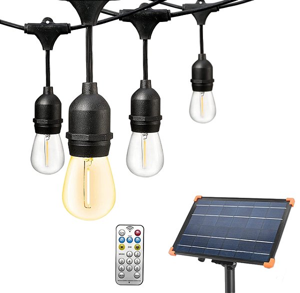 Varal de Luzes Solar Cordão Externo 8 Lâmpadas LED Filamento Luz Amarela 2700K 5m com Controle Remoto