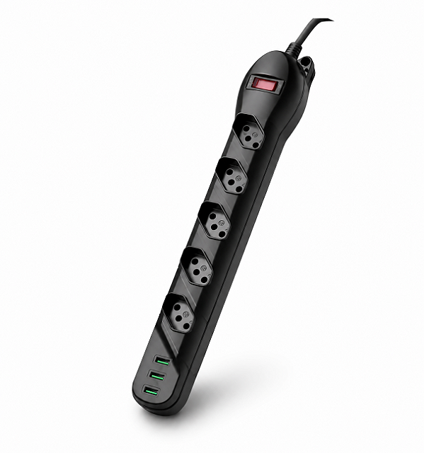 Filtro de Linha Régua Extensão 5 Tomadas e 3 USB Bivolt Cabo 1 Metro