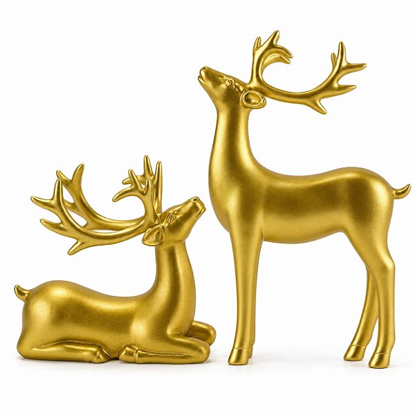 Par Esculturas Cervos Decorativos Dourados Em Resina Enfeite Sala Rena Natal