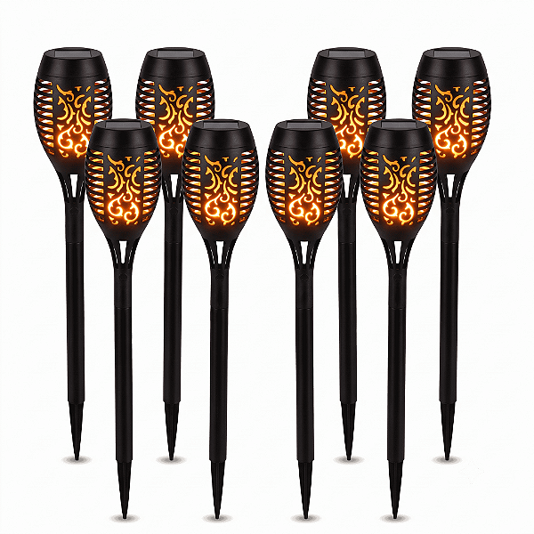 Kit 8 Luminárias Solares de Jardim Tocha Efeito Chama, 12 LEDs Luz Quente, À Prova d'Água, Acendimento Automático