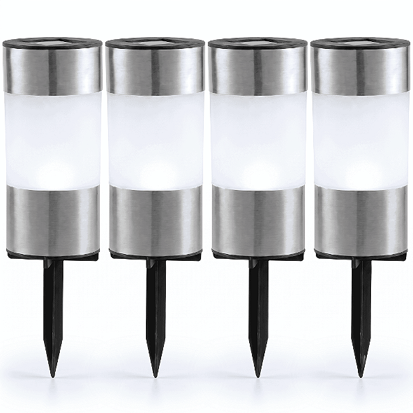 Kit 4 Luminárias Solares Balizador em Aço Inox para Jardim LED Branco Sensor Automático Sem Fiação