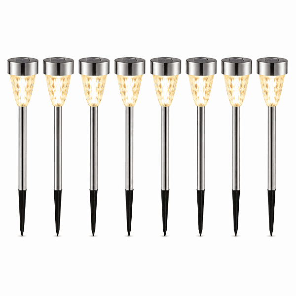 Kit 8 Luminárias Solares Balizador em Aço Inox com Difusor de Cristal para Jardim Luz Amarela Sem Fiação