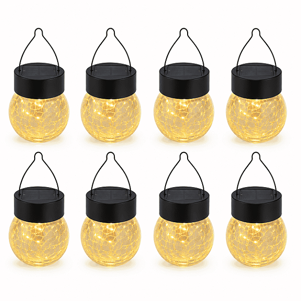 Kit 8 Luminárias Solares Pendentes com Globo de Vidro Craquelado | Efeito Decorativo Boho para Jardim e Pergolado