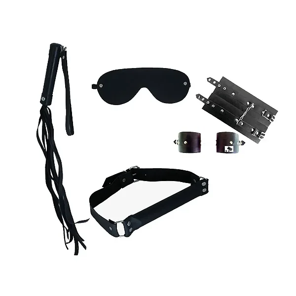 Kit Submissa com Chicote, Algema, Mordaça e Venda em Couro