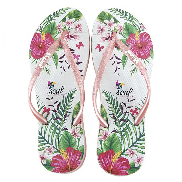 Chinelo Soul Slim Floral Rosê - SOLADO BRANCO