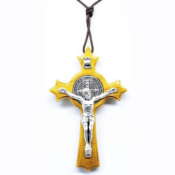 Crucifixo Medalha De São Bento Em Madeira De Oliveira