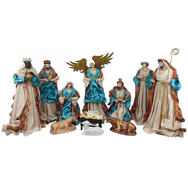 Presépio 11 Peças de Tecido 40 CM - Marrom e Azul
