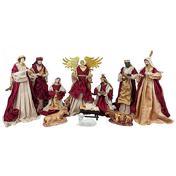 Presépio 11 Peças de Tecido 40 CM - Vinho e Dourado