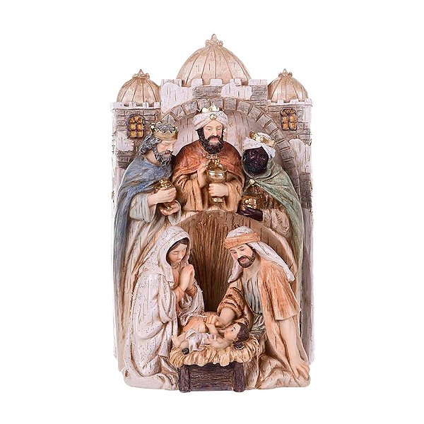 Presépio Sagrada Família Com os Tres Reis Magos e Castelo 25 CM de Altura 3 Peças
