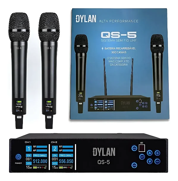 MICROFONE SEM FIO DYLAN QS-5 DUPLO M/M 150 CANAIS UHF