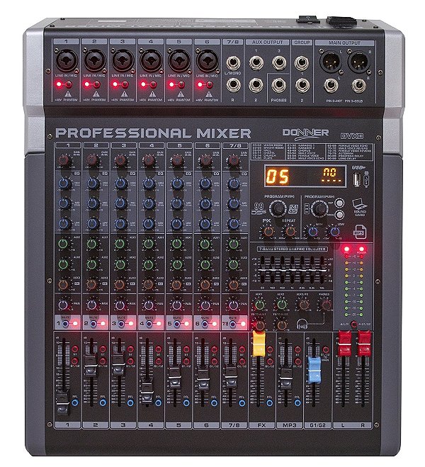 MESA DE SOM 8 CANAIS DONNER DVX8 99 EFEITOS BLUETOOTH GRAVAÇÃO