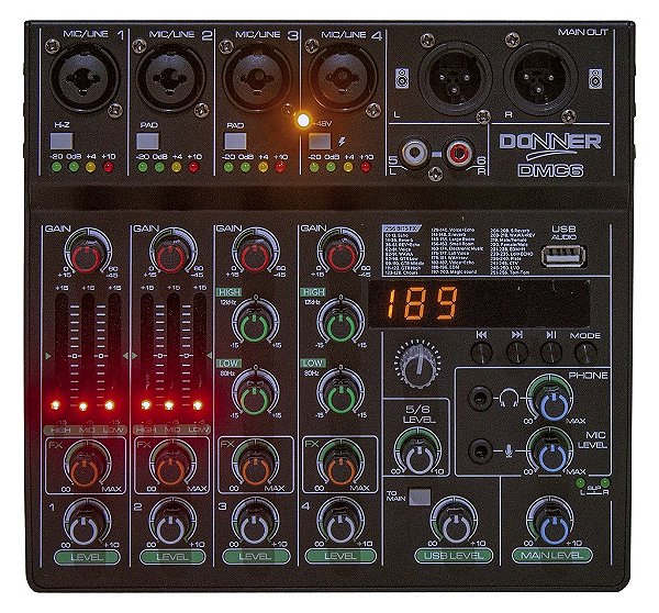MESA DE SOM 6 CANAIS DONNER DMC6 256 EFEITOS DSP INTERFACE USB