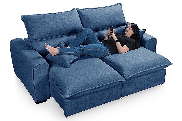 Sofá Retrátil e Reclinável em Linho Azul Molas Ensacadas Dubai 2,05m