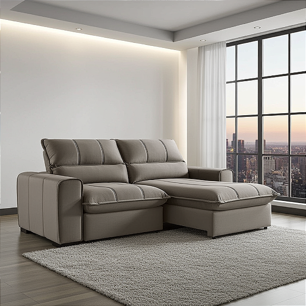 Sofá Retrátil Bege e Reclinável Molas Ensacadas Premium Dubai 2,05m