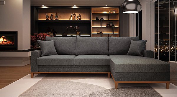 Sofá Califórnia 4 Lugares Living Com Chaise Direito em Linho Grafite