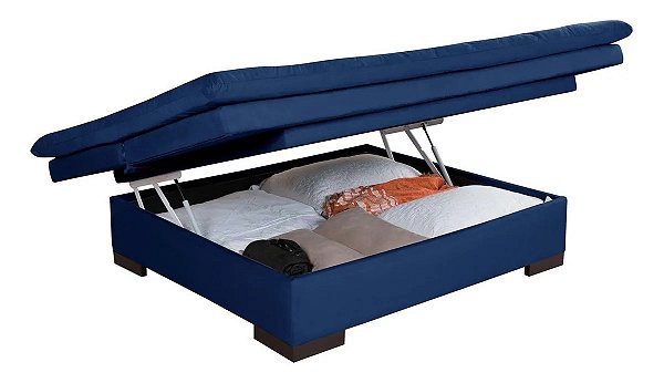 Sofá Cama Bau Reclinável Em Suede + Duas Banquetas Rubi Azul Marinho