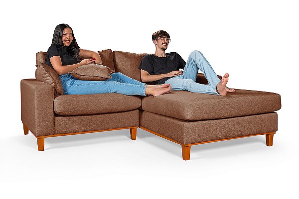 Sofá Com Chaise Direito 1,94m em Linho Marrom - Paris