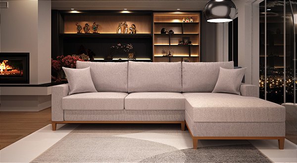 Sofá Amsterdã 3 Lugares 2,44m Living Com Chaise Direito Champagne