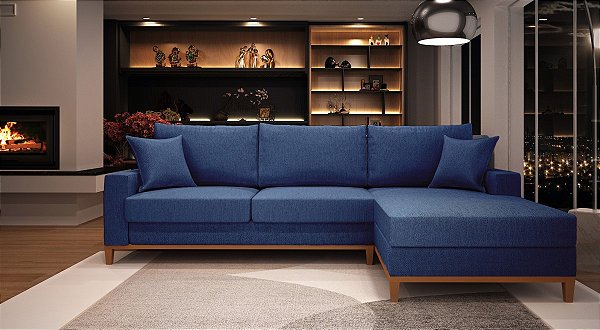 Sofá Amsterdã 3 Lugares 2,44m Living Com Chaise Direito Azul