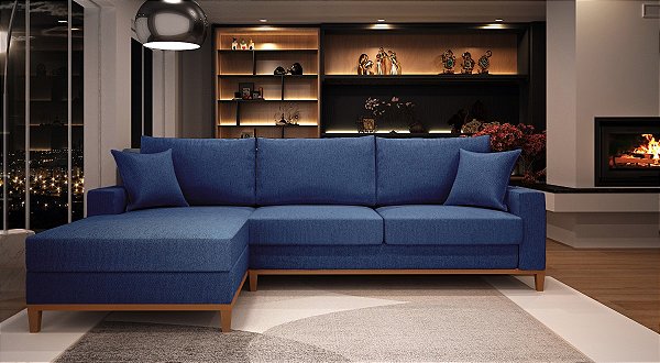 Sofá Amsterdã 3 Lugares 2,44m Living Com Chaise Esquerdo Azul