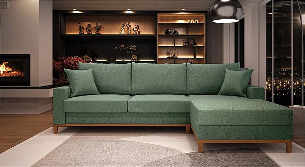 Sofá Amsterdã 3 Lugares 2,44m Living Com Chaise Direito Verde