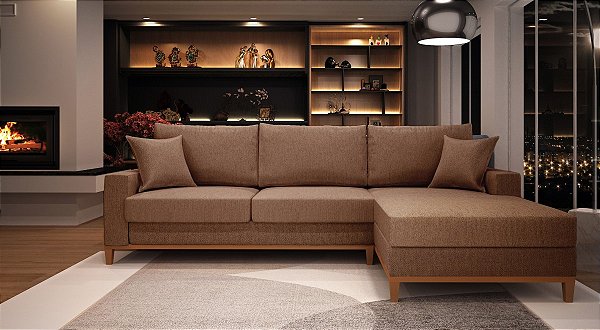 Sofá Amsterdã 3 Lugares 2,44m Living Com Chaise Direito Marrom