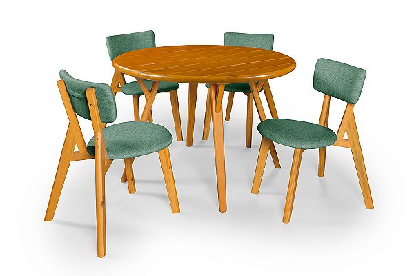 Conjunto Sala de Jantar Liz Mesa Ripada 110cm Com 4 Cadeiras em Linho Verde