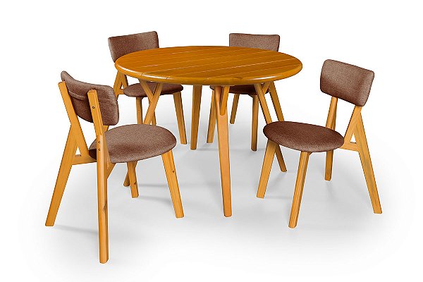 Conjunto Sala de Jantar Liz Mesa Ripada 110cm Com 4 Cadeiras em Linho Marrom