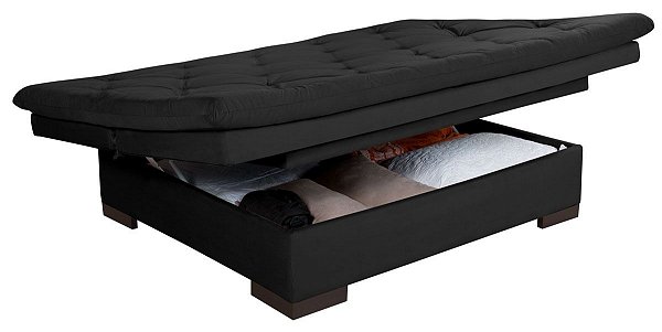 Sofá Cama Baú 3 Lugares Multiuso - Suede Preto