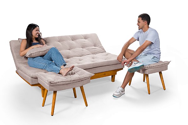 Sofa Cama Caribe em Linho Champagne 3 Posições Com 2 Banquetas